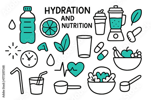 Hydration and Nutrition Doodles. Hydration and nutrition. Hand-drawn doodle illustration hydration and nutrition [water bottle (accented), lemon
