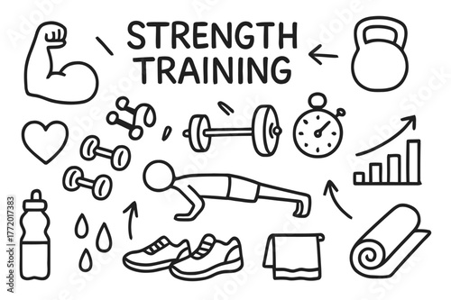 Strength Training Doodle. Strength training. Hand-drawn doodle illustration strength training flexed arm, barbell, kettlebell, push-up figure, stopwatch,