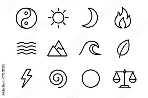 Spiritual Balance Icons. Spiritual balance. Line icon set of spiritual balance: yin-yang symbol, sun, moon, fire, water, mountain, ocean wave, leaf, lightning