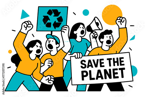 Vibrant Environmental Rally. Environmental Protests. Crowd chanting slogans with floating abstract geometric shapes and green accents, energetic and social