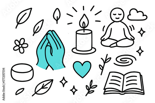 Mindfulness Icons Illustration. // Mindfulness practice. Hand-drawn doodle illustration Mindfulness practice [clasped hands (accented), candle (accented),