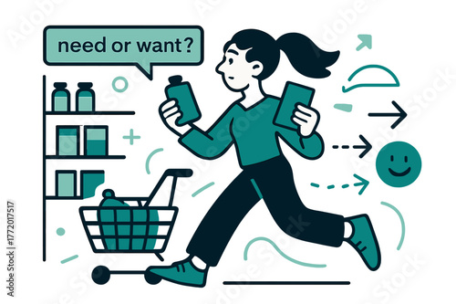 Dynamic Shopping Scene. Shopping Habits. A shopper glides past clean shelves, comparing two simple items; a tag reads ?need or want??. Dotted arrows link