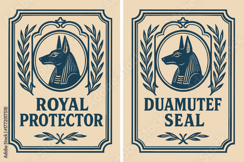 Pharaonic Banner Emblems. Pharaonic Emblem. Two vertical A6 banners with safe margins, centered composition, no elements touching edges, retro, cobalt and