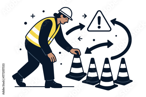 Dynamic Safety Setup. Safety zone setup. Worker placing cones in a line, reflective vests glowing; motion arrows show safe perimeter forming. Order, caution,