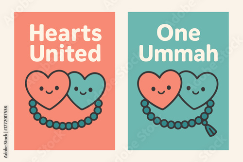 Unity of Hearts Banners. Unity of Hearts. Two vertical A6 banners with safe margins, centered composition, no elements touching edges, kawaii, coral and teal,