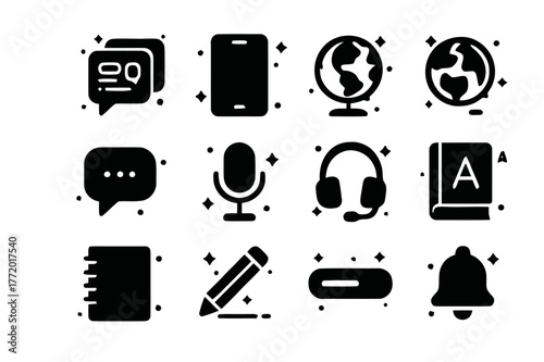 Language App Icons. Language Practice App. Solid icons set of Language Practice App: app interface, smartphone, book, globe, chat bubble, microphone, headset,