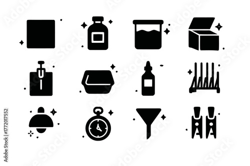 Wet Plate Icon Set. Wet Plate Collodion. Solid icons set of Wet Plate Collodion: glass plate, collodion bottle, silver nitrate bath, portable darkbox, dip