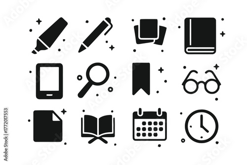 Reading and Study Icons. Reading and Study Tools. Solid icons set of Reading and Study Tools: highlighter, pen, sticky notes, notebook, tablet, magnifier,