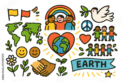Global Unity Doodle. Global unity. Colorful Hand-drawn doodle Children illustration Global unity world map, hands circle, heart globe, peace dove, rainbow,