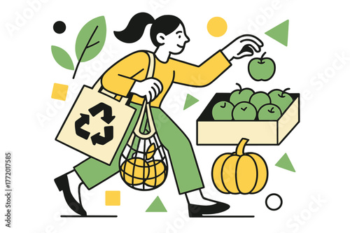 Eco-Friendly Shopping Scene. Eco-Friendly Shopping Hauls. Shopper selecting fresh produce with floating abstract geometric shapes and reusable bags,