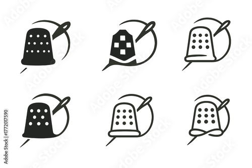 Creative Stitching Logos. Hand stitching. Set Logo of Hand stitching: thimble and curved needle motion. harmonious logo variations of the same emblematic