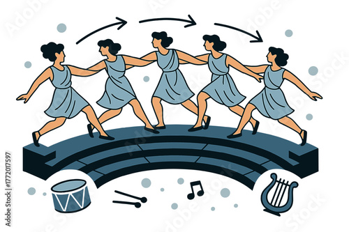 Dynamic Dance Symphony. Amphitheater ? Chorus in Motion. Dancers sweep in a semicircle; arrows trace their synchronized steps. Drums and lyre icons pulse at