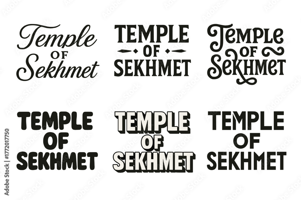 Obraz premium Sekhmet's Iconic Lettering. Temple of Sekhmet. Set lettering. harmonious lettering variations of the same emblematic concept, each with different artistic