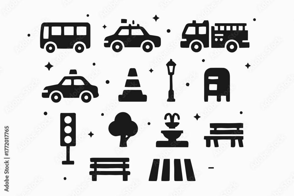 Fototapeta premium City Icons. City Elements. Solid icons set of City Elements: bus, police car, fire truck, taxi, construction cone, lamppost, stoplight, tree,