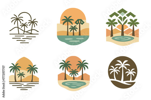 Palm Oasis Logos. Palm oasis. Set Logo of Palm oasis: desert spring with clustered palms. harmonious logo variations of the same emblematic concept, each with