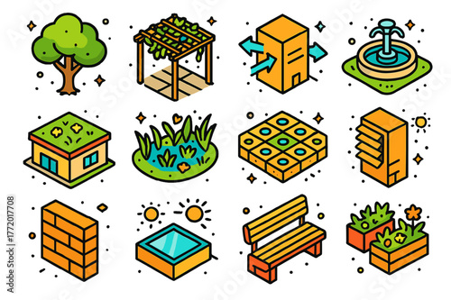 Isometric Green Architecture Icons. Green architecture in urban spaces without technology. Colorful isometric vector icons set of Green architecture in urban