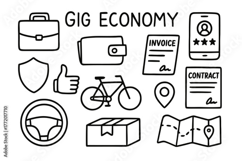 Gig Economy Doodles. Gig economy. Hand-drawn doodle illustration gig economy briefcase, mobile app, star rating, wallet, invoice, contract, delivery box,