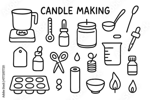 Candle Making Essentials. Candle making. Hand-drawn doodle illustration Candle making wax pot, wick, jar, thermometer, ladle, label tag, dropper, essential