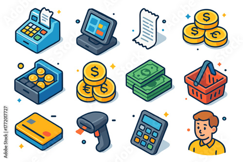 Colorful POS Icons. Point of sale setup. Colorful isometric vector icons set of point of sale setup: cash register, POS system, receipt, cash drawer, coins,