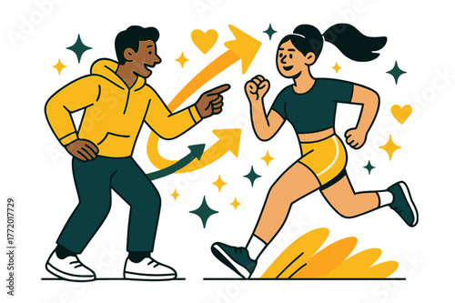 Dynamic Fitness Journey. Fitness training and personal coaching. Trainer motivating client during outdoor run with abstract floating arrows, hearts, and