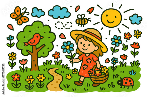 Flower Picking Adventures. flower picking. Colorful Hand-drawn doodle Children illustration flower picking girl, basket, flowers, grass, sun, butterfly, tree,