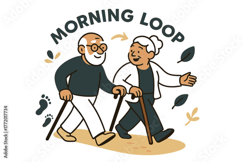 Senior Morning Stroll. Elderly ? Neighborhood Walk. Two seniors stroll with canes along a clean path; tiny footprints and leaf icons trail behind. Caption