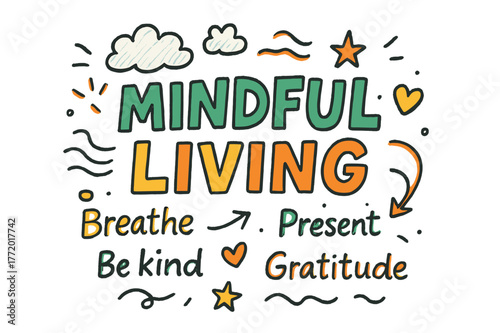 Mindful Living Art. Mindful Living ? Doodle / Sketch; lettering: playful hand-drawn with rough sketch outlines; layout: casual with arrows and stars; effects:
