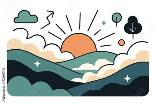 Serene Sunrise Hills. Rolling hills. Sunrise over rolling hills with abstract floating mist, rays, and sparkles; emphasizes peaceful morning, nature, and