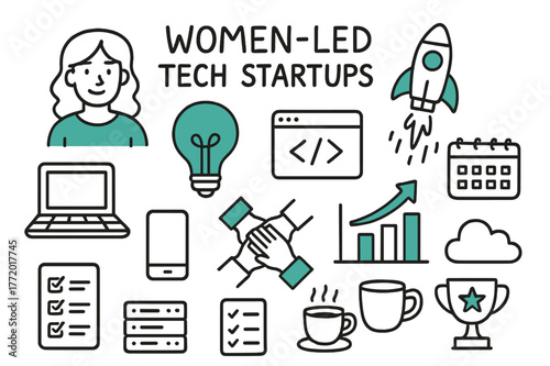 Women-Led Tech Doodles. // Women-led tech startups. Hand-drawn doodle illustration Women-led tech startups [founder avatar (accented), laptop, lightbulb