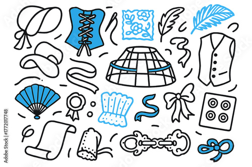 Antique Fashion Elements. // Historical costume making. Hand-drawn doodle illustration historical costume making [corset lacing (accented), bonnet outline,