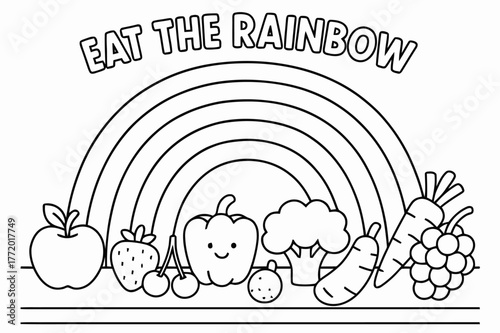 Rainbow Fruit Coloring. Eat the rainbow children?s coloring book illustration, outlined drawing, a curved rainbow above a table of simple fruits and veggies