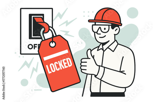 Safety Lockout Process. Safety Lockout/Tagout. A big red tag swings from a power switch reading ?LOCKED?, with a calm engineer giving a thumbs-up. Subtle