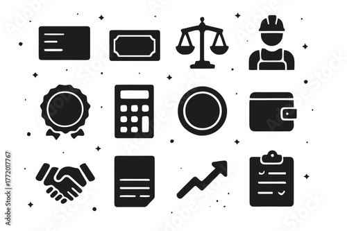 Fair Wage Icons. Fair Wage. Solid icons set of Fair Wage: paycheck, dollar bill, scale balance, worker, union badge, calculator, clock, wallet, handshake, tax