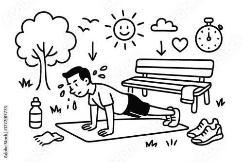 Outdoor Fitness Doodles. Outdoor workout. Hand-drawn doodle illustration outdoor workout park bench, grass, tree, push-up pose, mat, water bottle, sun, birds,