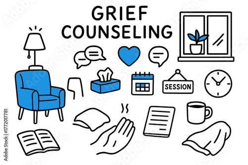 Grief Counseling Essentials. // Grief counseling. Hand-drawn doodle illustration Grief counseling [therapist chair (accented), client chair, tissue box