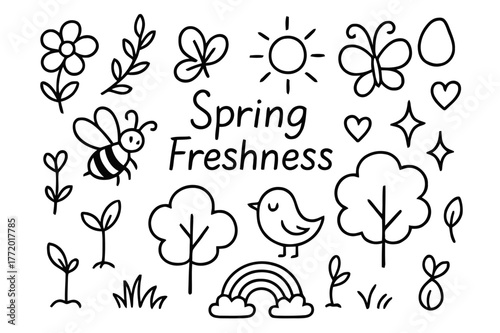 Spring Doodle Elements. Spring freshness. Hand-drawn doodle illustration Spring freshness flower, leaf, bee, butterfly, droplet, rainbow, sun, bird, grass,