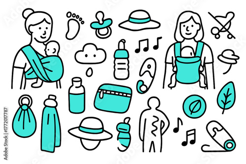 Babywearing Essentials. Babywearing. Hand-drawn doodle illustration babywearing wrap sling (accented), soft carrier (accented), ring sling, pacifier, sunhat