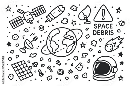 Space Debris Doodle. Space debris. Hand-drawn doodle illustration space debris satellite, rocket fragment, broken antenna, orbit path, Earth, space junk