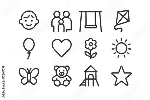 Happy Childhood Icons. Happy childhood. Line icon set of happy childhood: child, family, swing, kite, balloon, heart, flower, sun, butterfly, teddy bear,