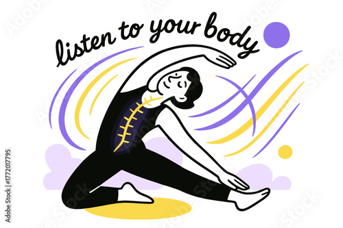 Somatic Movement Energy. Somatic Movement Flow. A figure stretches in motion blur arcs; energy lines pulse along the spine. The phrase ?listen to your body?