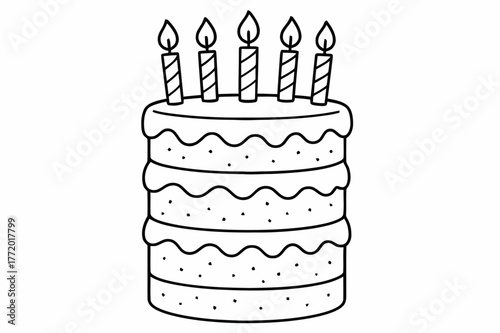 Layered Cake Coloring Page. Layered birthday cake children?s coloring book illustration, outlined drawing, a tall fluffy cake with candles and wavy frosting