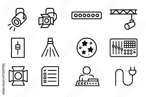 Stage Lighting Icons. Stage Lighting. Line icon set of Stage Lighting: spotlight, floodlight, LED bar, rig truss, dimmer board, light beam, gobo pattern,
