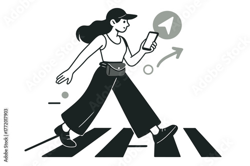 City Stroll Minimalism. City stroll minimalism. Monochrome tank and airy wide-legs, slim belt bag and crisp cap; phone maps arrow floating ahead. Steps sync