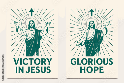 Risen Lord Banners. Risen Lord. Two vertical A6 banners with safe margins, centered composition, no elements touching edges, modern, emerald and ivory, upward