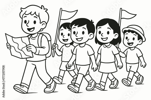 Friendly Traveler Parade. Community procession children?s coloring book illustration, outlined drawing, a group of smiling travelers walking together with