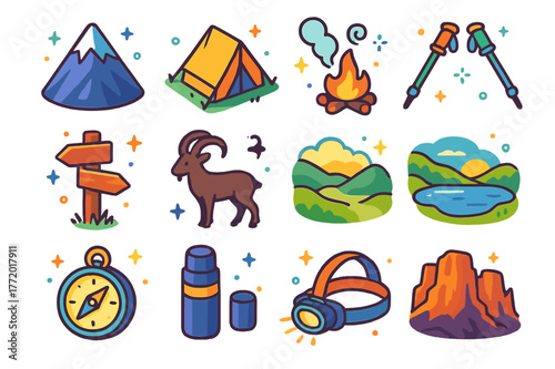 Mountain Sunrise Icons. mountain sunrise. Colorful isometric vector icons set of mountain sunrise: snow peak, camping tent, campfire smoke, trekking poles,