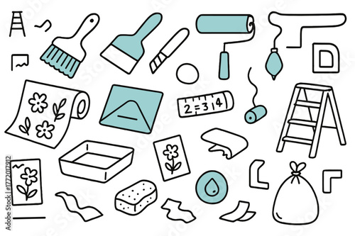 Wallpaper Tools Doodle. // Wallpaper application. Hand-drawn doodle illustration wallpaper application [roll of wallpaper (accented), paste brush (accented),