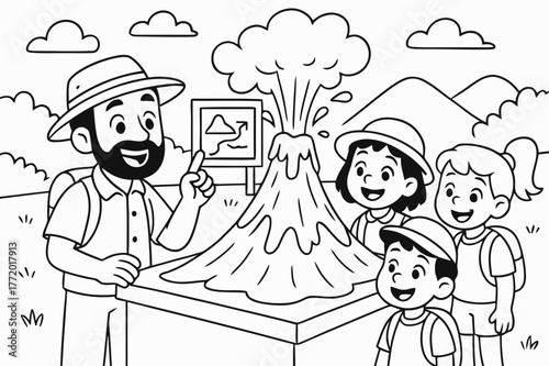 Volcano Adventure Coloring Page. Volcano field trip children?s coloring book illustration, outlined drawing, cheerful kids with a guide looking at a model
