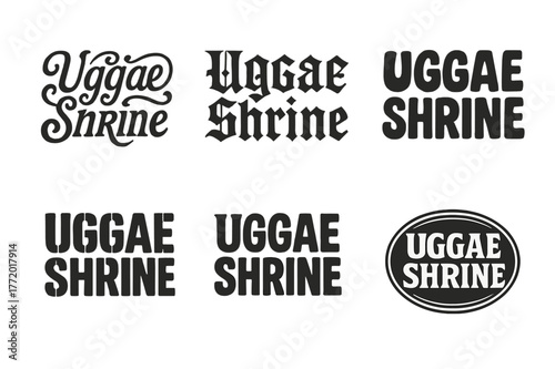 Diverse Typography Grid. Uggae Shrine. Set lettering. harmonious lettering variations of the same emblematic concept, each with different artistic