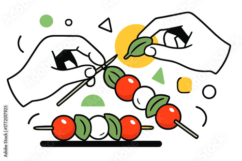Assembling Caprese Skewers. Caprese Skewers. Hands assembling caprese skewers with cherry tomatoes, mozzarella balls, and basil with floating